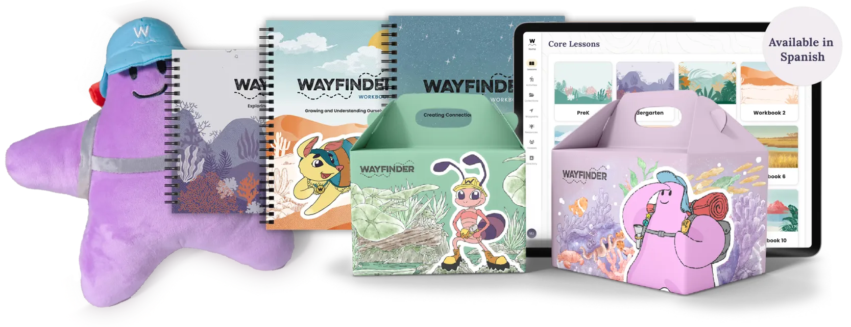 Purple star-shaped plush character wearing a blue cap beside Wayfinder branded spiral-bound workbooks and colorful educational game boxes, with a tablet screen showing core lessons and a label indicating availability in Spanish.