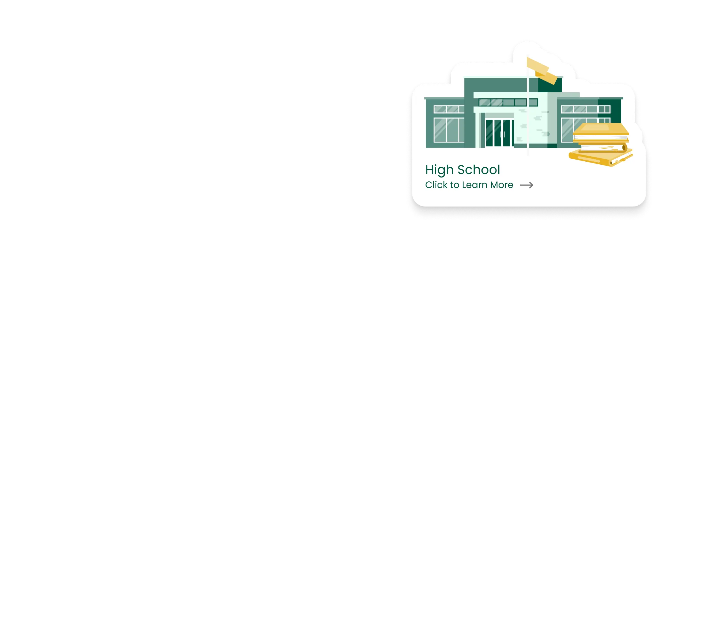 Illustration of a high school building with a flag on top and stacked books beside it, labeled 'High School' with a prompt to click to learn more.