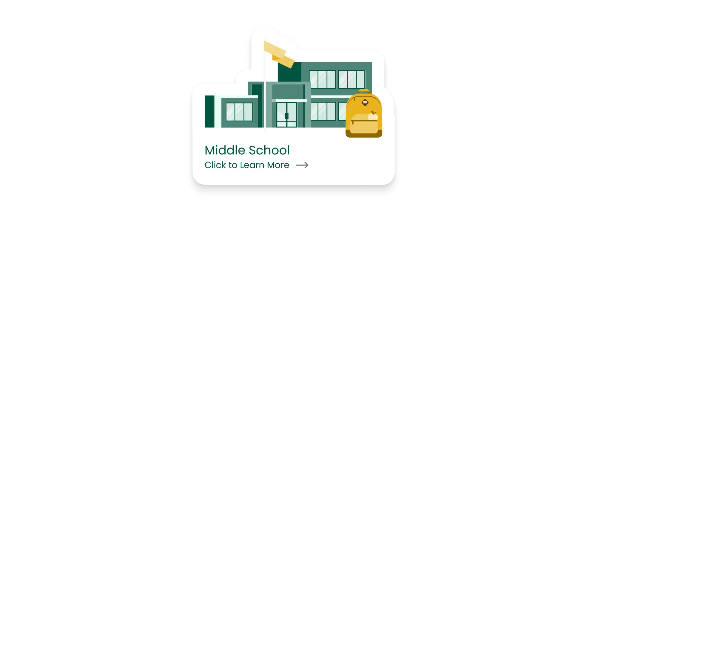 Illustration of a middle school building with a flag on top and a yellow backpack, captioned 'Middle School Click to Learn More'.