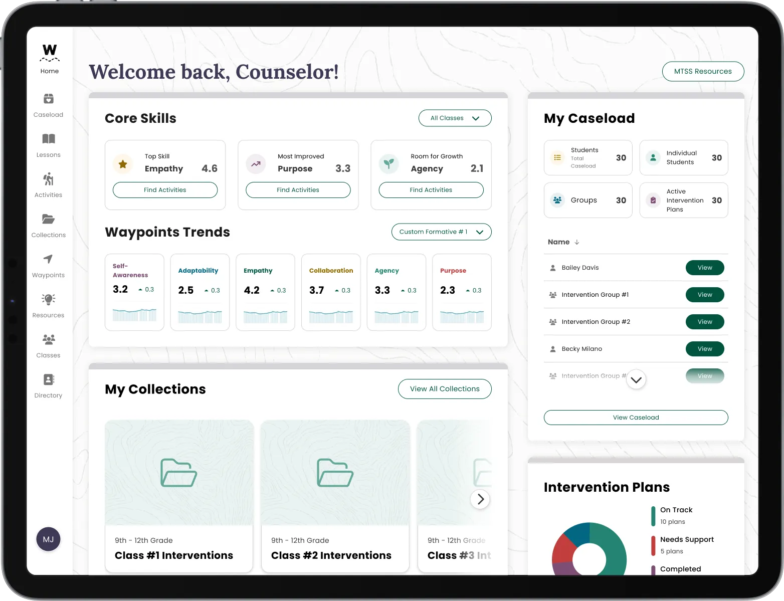 Electronic tablet showing a counselor's dashboard