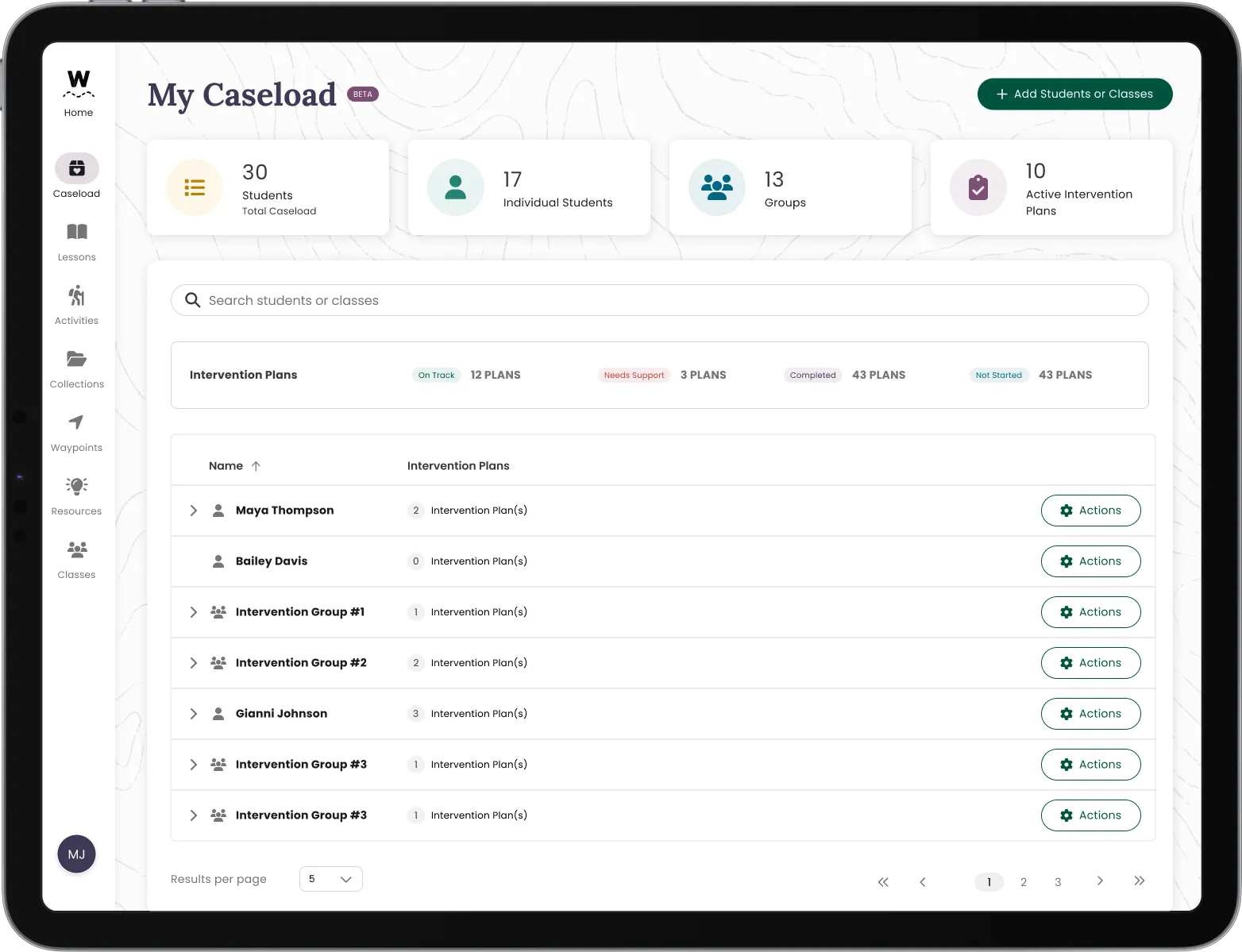 Electronic tablet showing a counselor's MTSS caseload