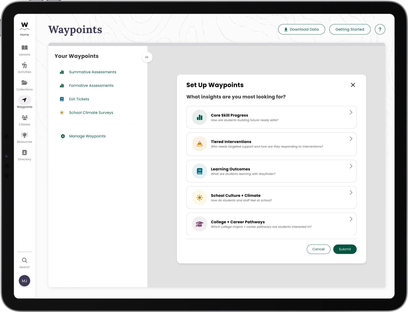 Electronic tablet showing the Waypoints setup screen, which enables choosing the assessment, surveys, and insights that meet your needs