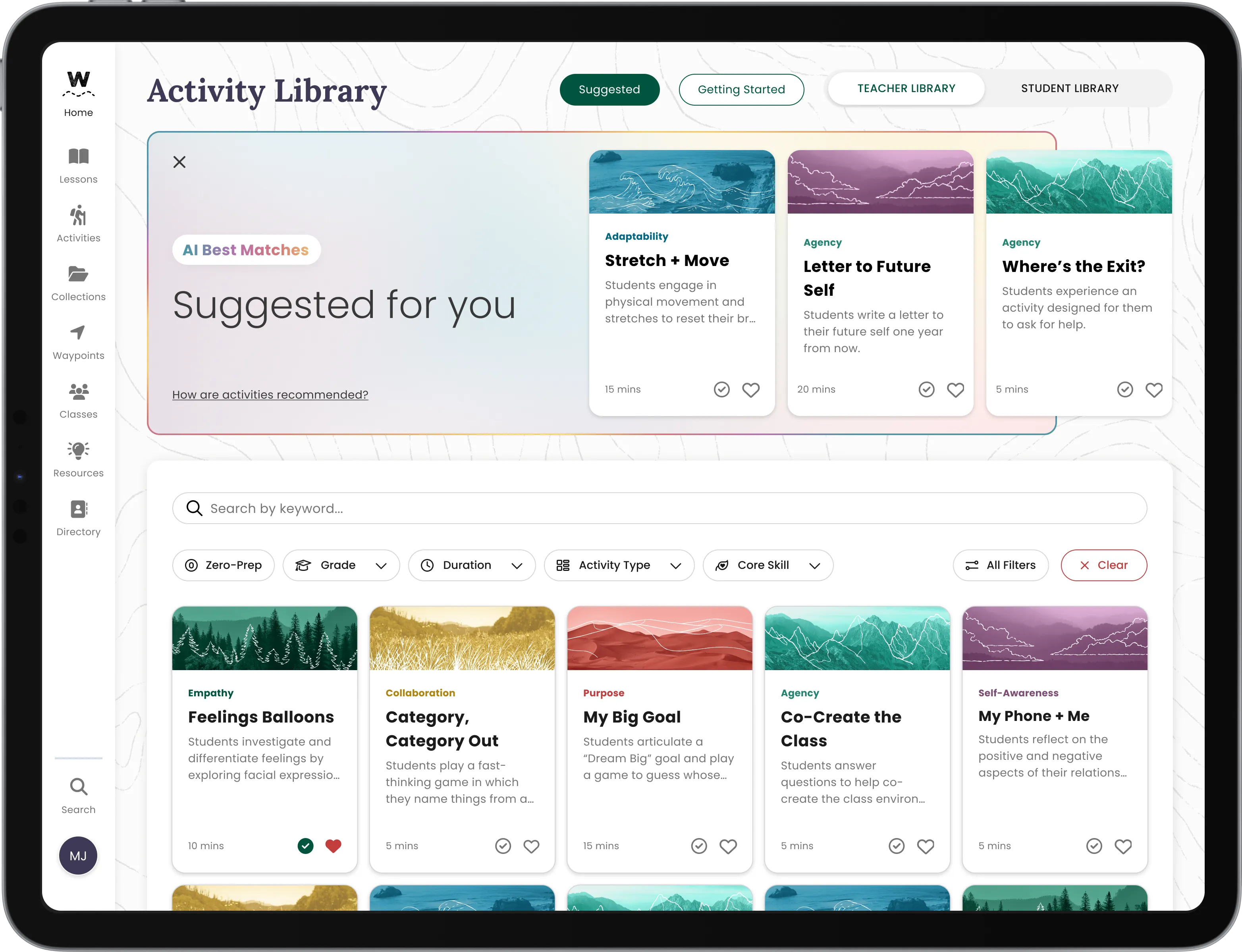 Electronic tablet showing filterable activities from the Activity Library