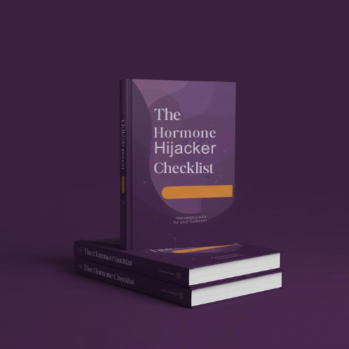 Three purple books titled 'The Hormone Hijacker Checklist' stacked and standing on a dark purple background.