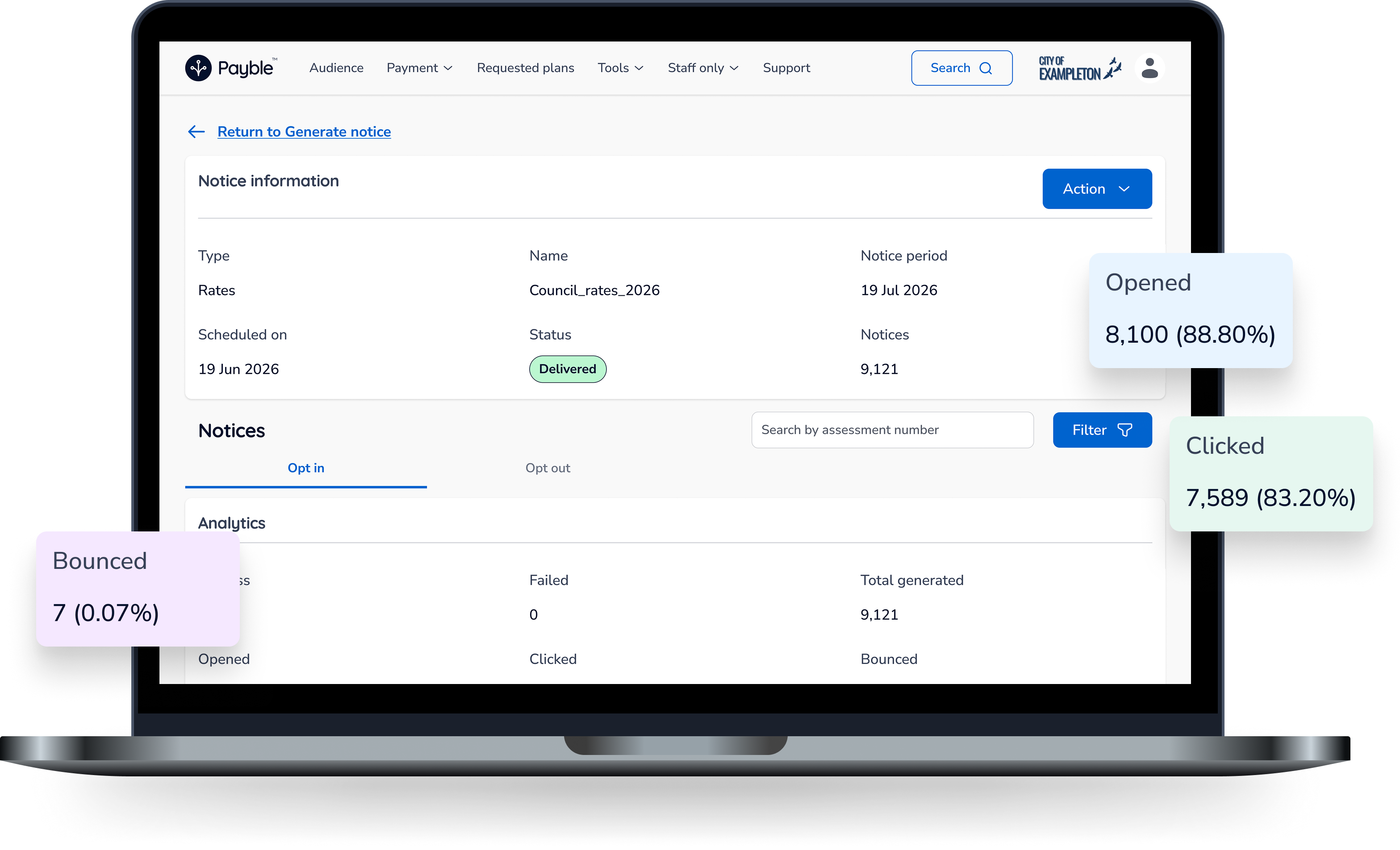 Payble digital notices template editor shown on a laptop