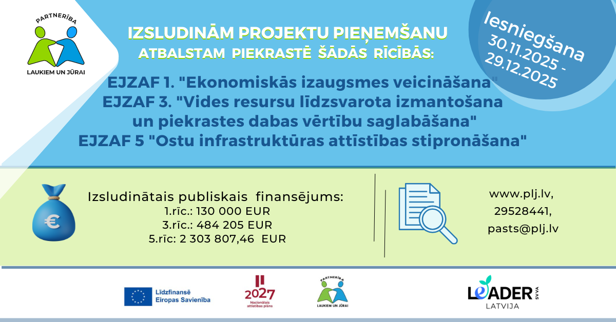 Izsludinām projektu pieteikumu pieņemšanu atbalsta saņemšanai piekrastē EJZAF uzņēmējdarbības, vides un ostu rīcībās