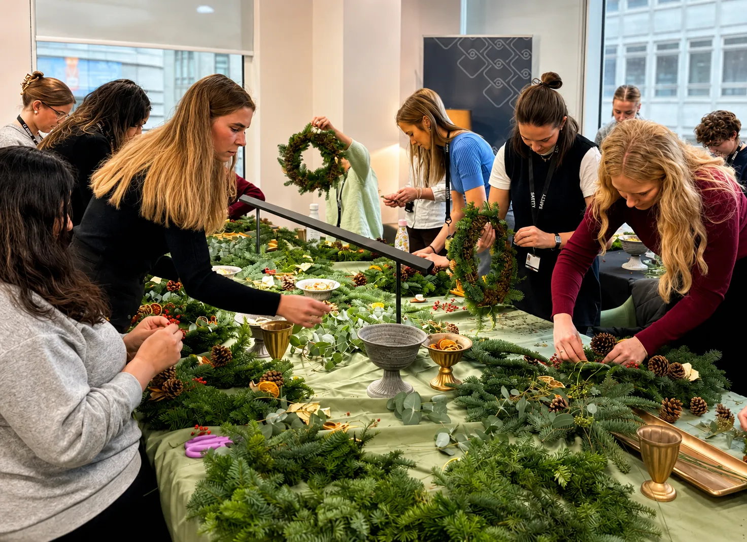 Wreath making workshop for an office Christmas
