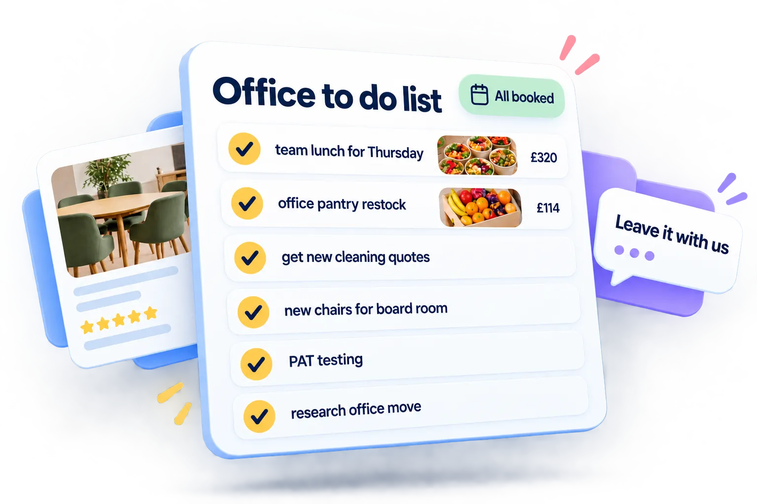 An office manager's to do list, every item ticked off and booked by Clara