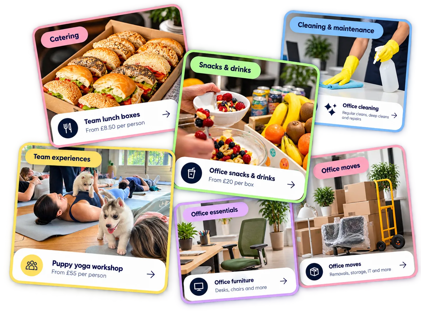 Clara categories: catering, office supplies, cleaning, snacks and drinks, team experiences, office essentials and office moves
