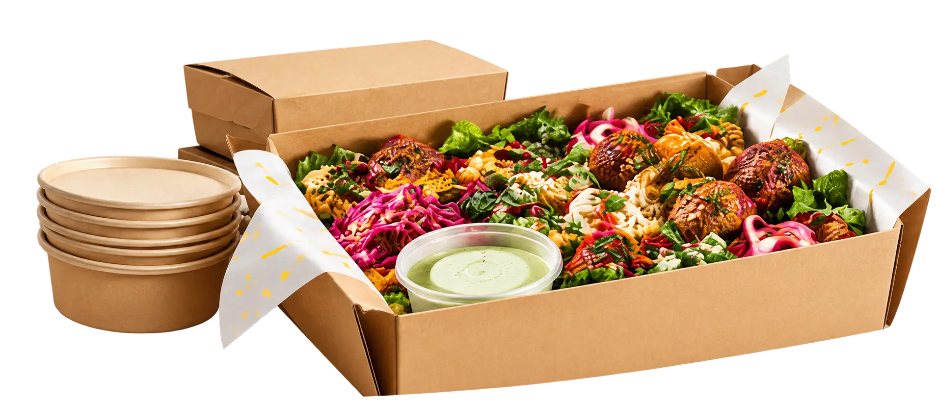 Office catering box of fresh salads, falafel and a herb dip
