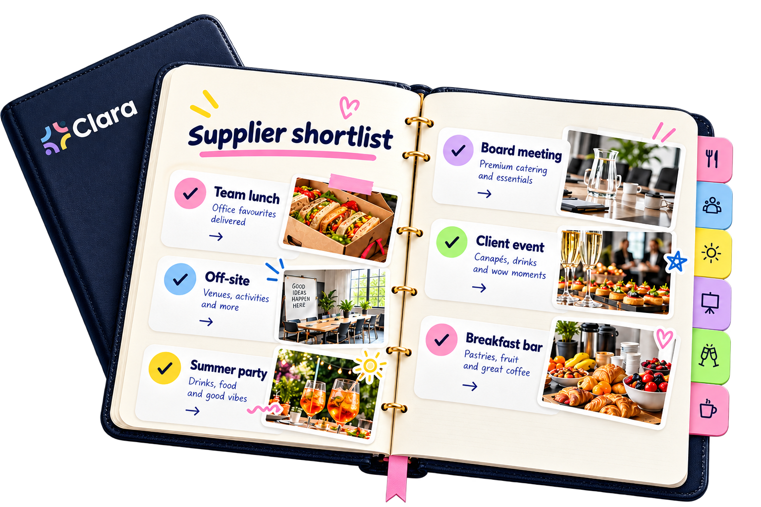 Clara supplier shortlist planner showing office catering and event ideas