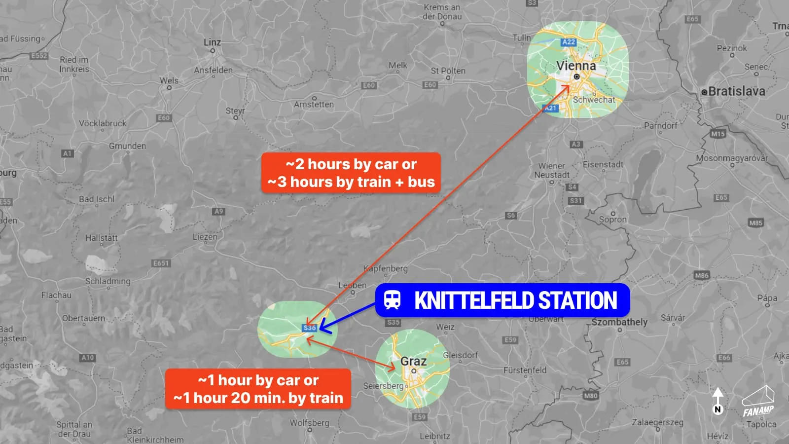 A map of the region near the Red Bull Ring, Vienna, and Graz
