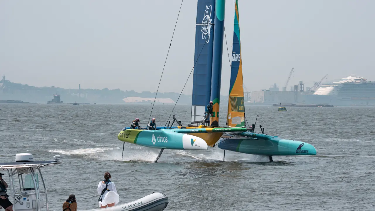 The Mubadala Brazil SailGP team up on its hydrofoils