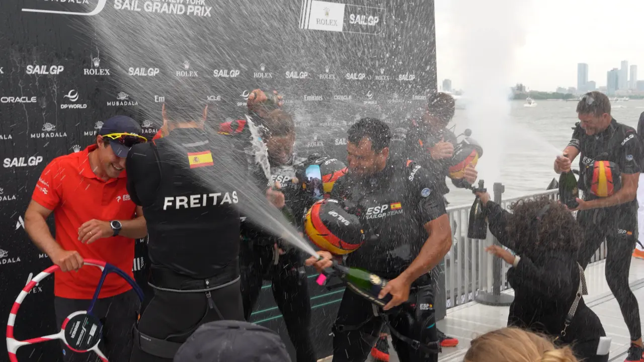 The Spain SailGP Team celebrates their win with champagne