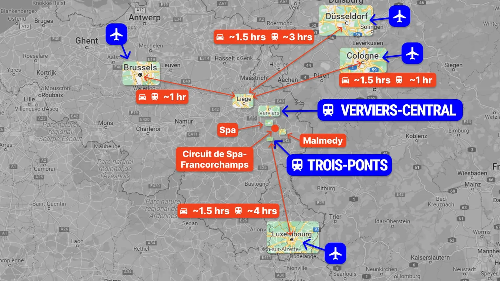 A map of the region near the Circuit de Spa-Francorchamps, Brussels, Liege and other cities