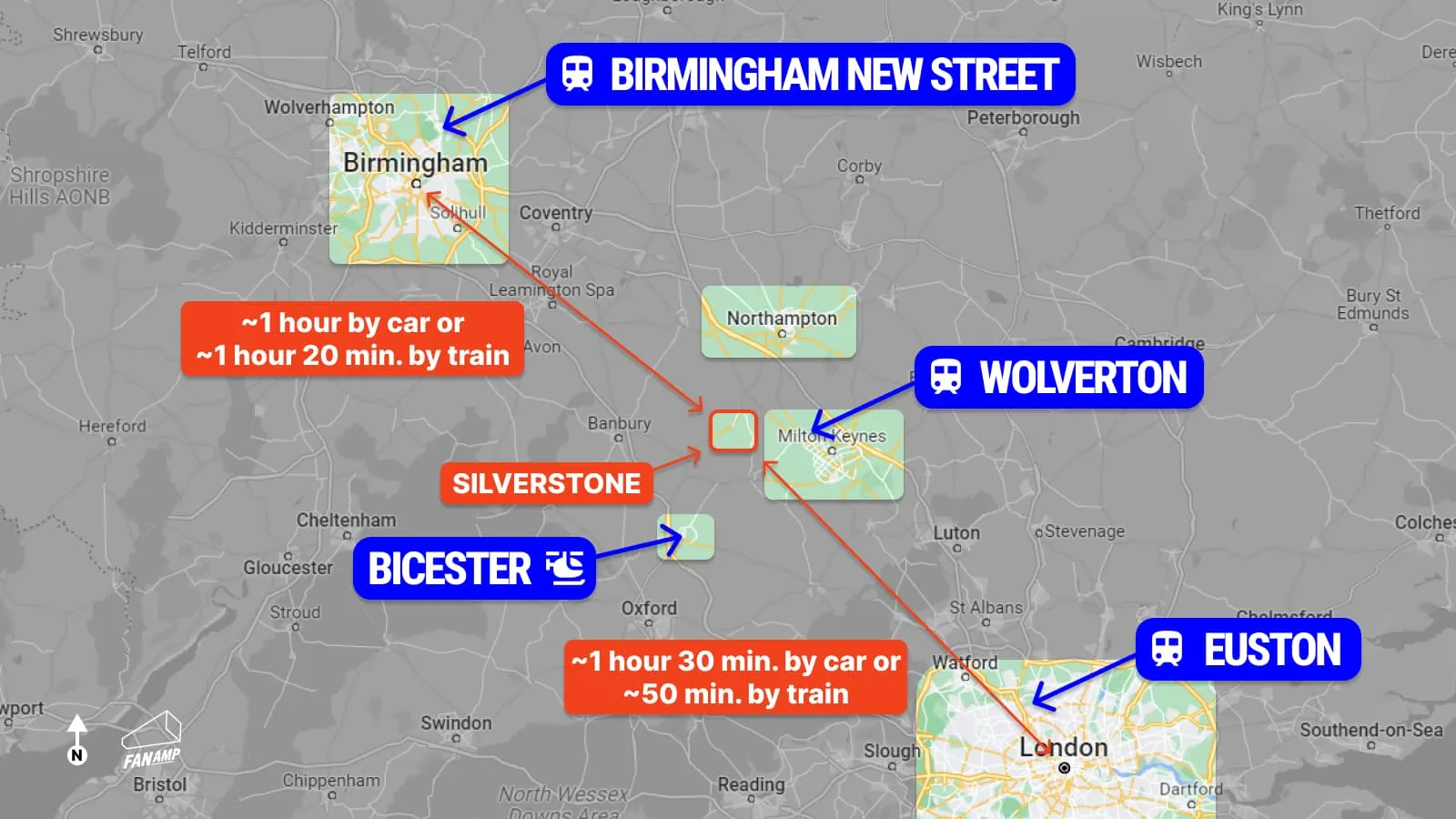 A map of the region near the Silverstone circuit, Birmingham and London