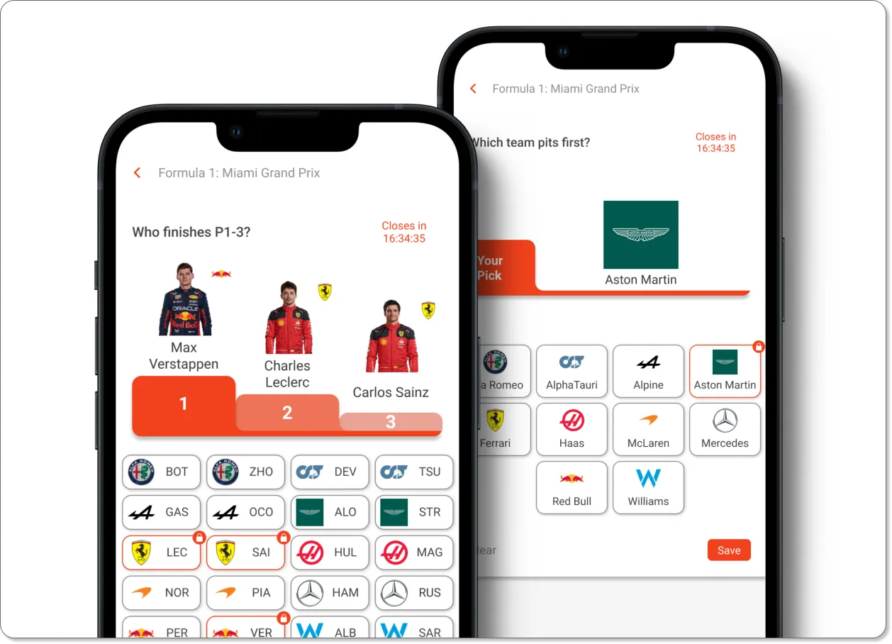 Screenshots of picking drivers and teams
