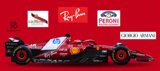 Ferrari F1 car with B&O, G.H.Mumm, Ray-Ban, Peroni and Armani logos around it