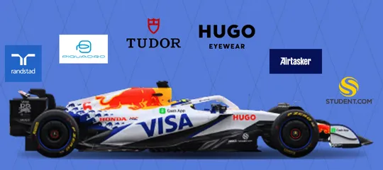 VCARB F1 car with randstad, Piquardo, Tudor, Hugo, Airtasker and Student.com logos around it