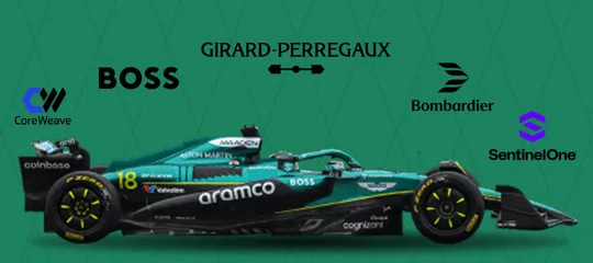 Aston Martin F1 car with CoreWeave, Boss, Girard-Perregeaux, Bombardier and SentinelOne logos around it
