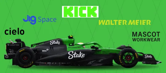 Sauber F1 car with cielo, JigSpace, Kick, Walter Meier and Masctor Workwear logos around it