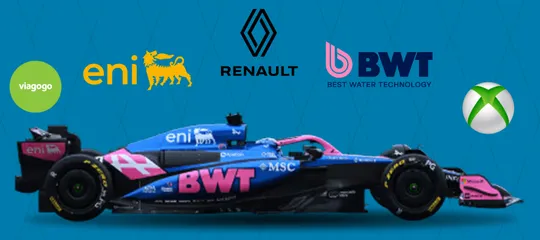 Alpine F1 car wtih viagogo, eni, Renault, BWT and XBox logos above it