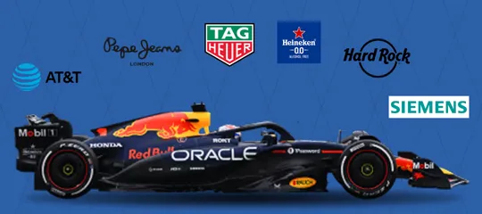 Red Bull F1 car with AT&T, Pepe Jeans, Tag Heuer, Heineken 0.0, Hard Rock and Siemens logos above it
