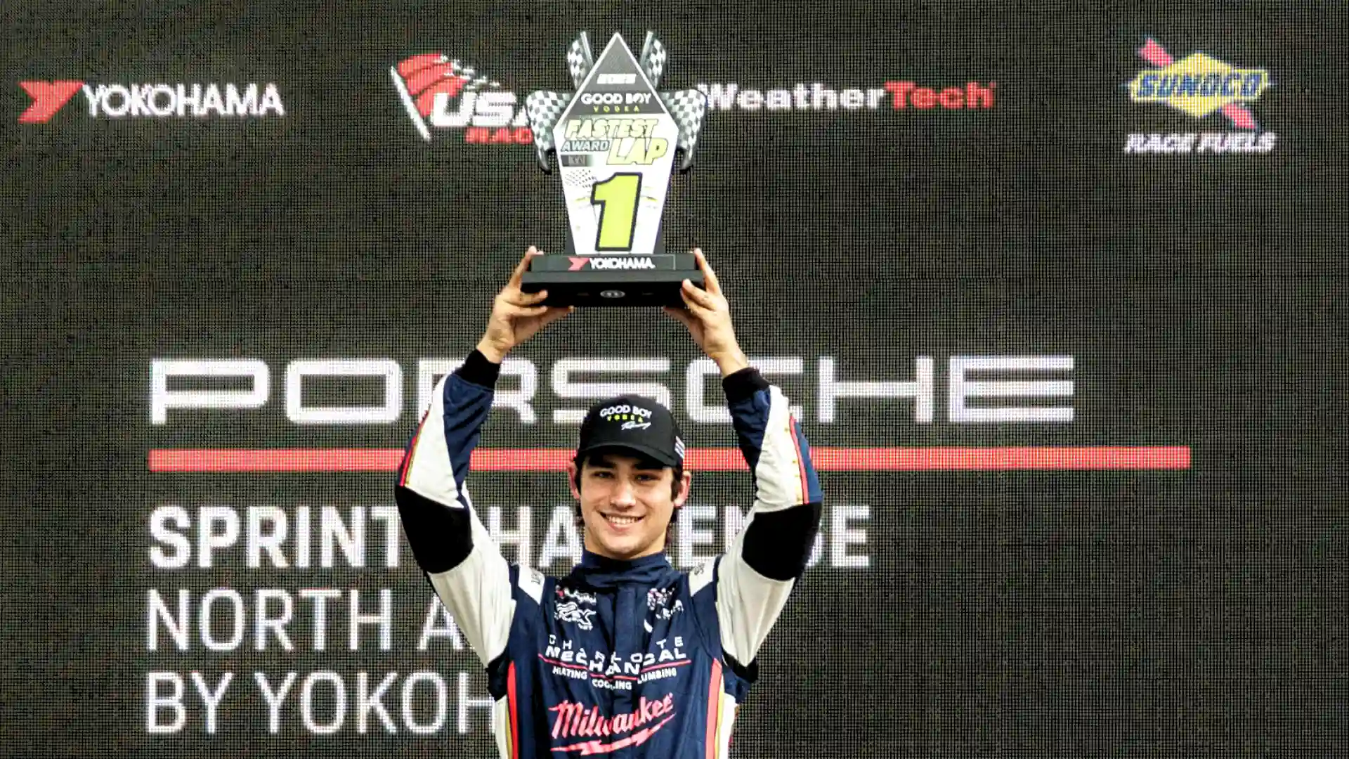 Danny Dyszelski on the podium of the 2025 Porsche Sprint Challenge North America