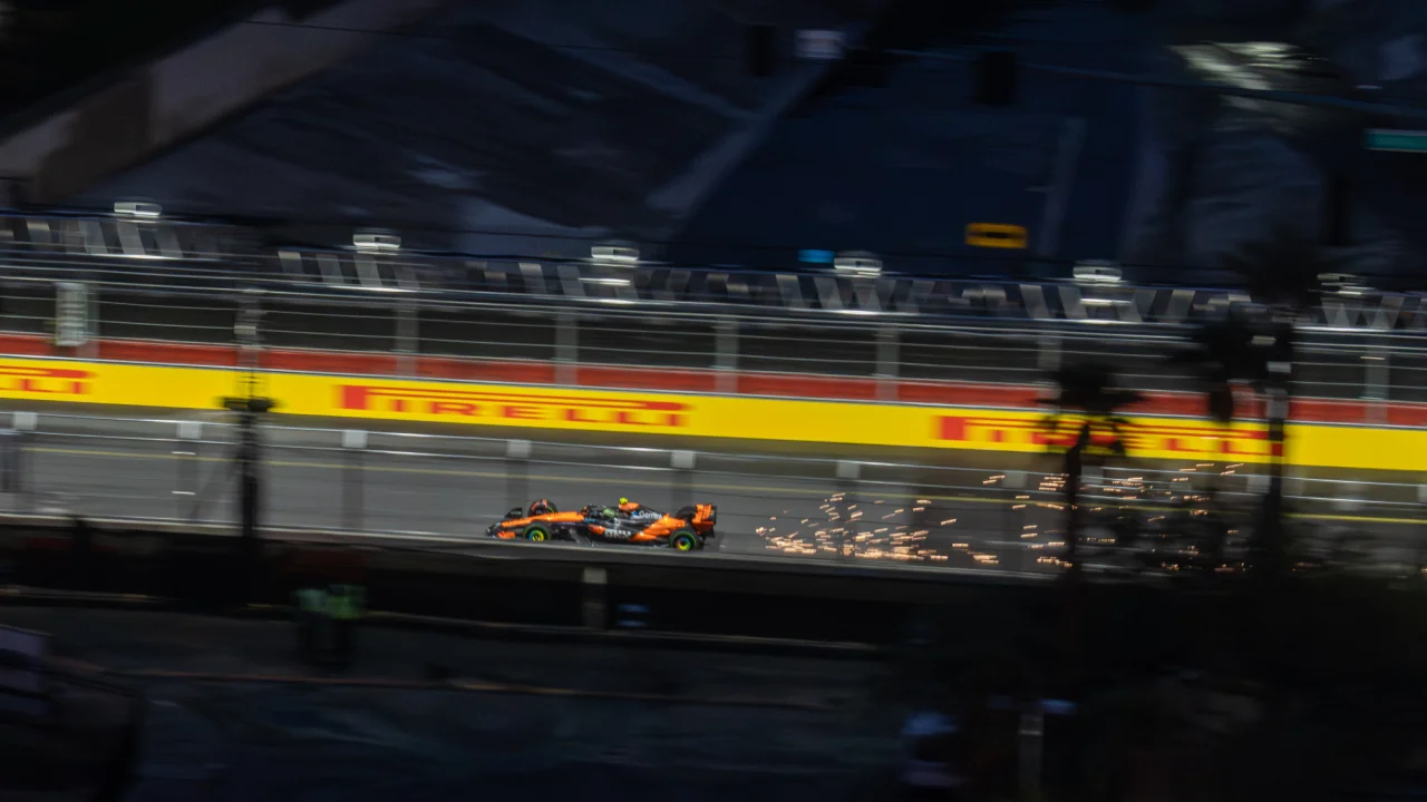 A McLaren sparking on the Las Vegas Strip Circuit