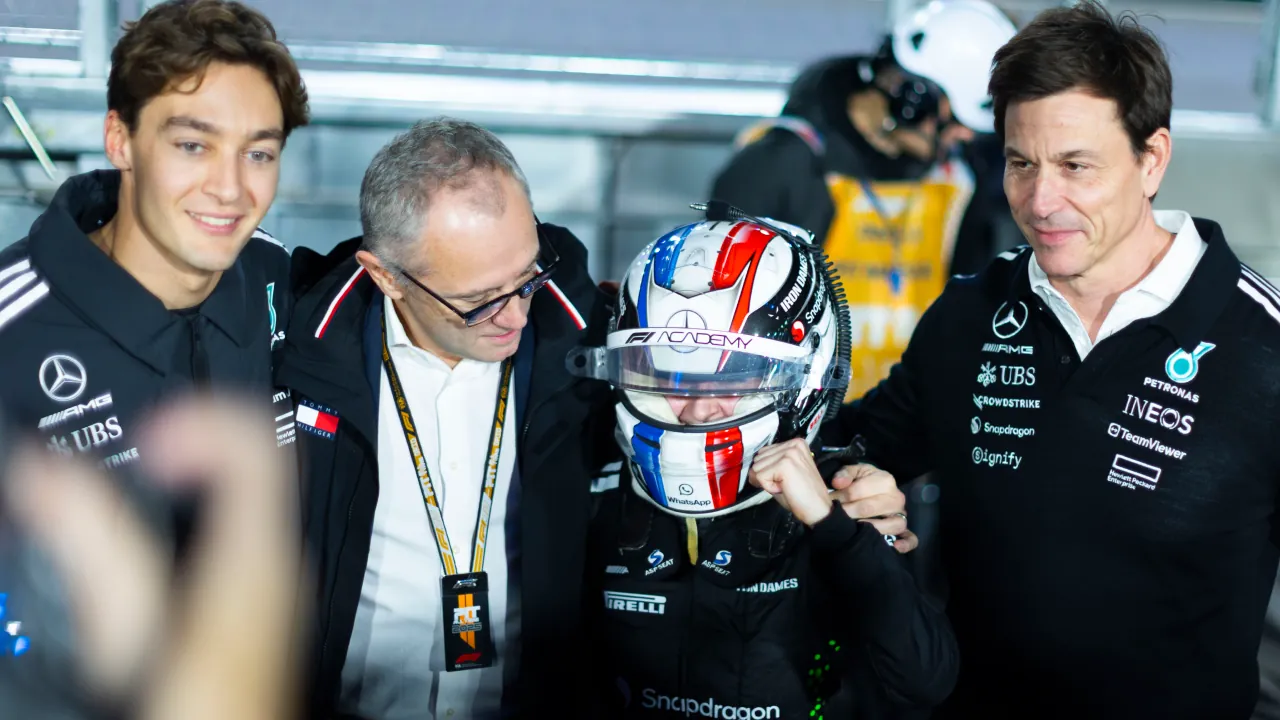 Doriane Pin with George Russell, Stefano Domenicali and Toto Wolff (Prema Racing Team)