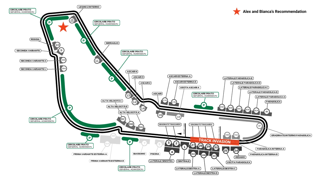 Monza track map with GA and Track Invasion areas highlighted
