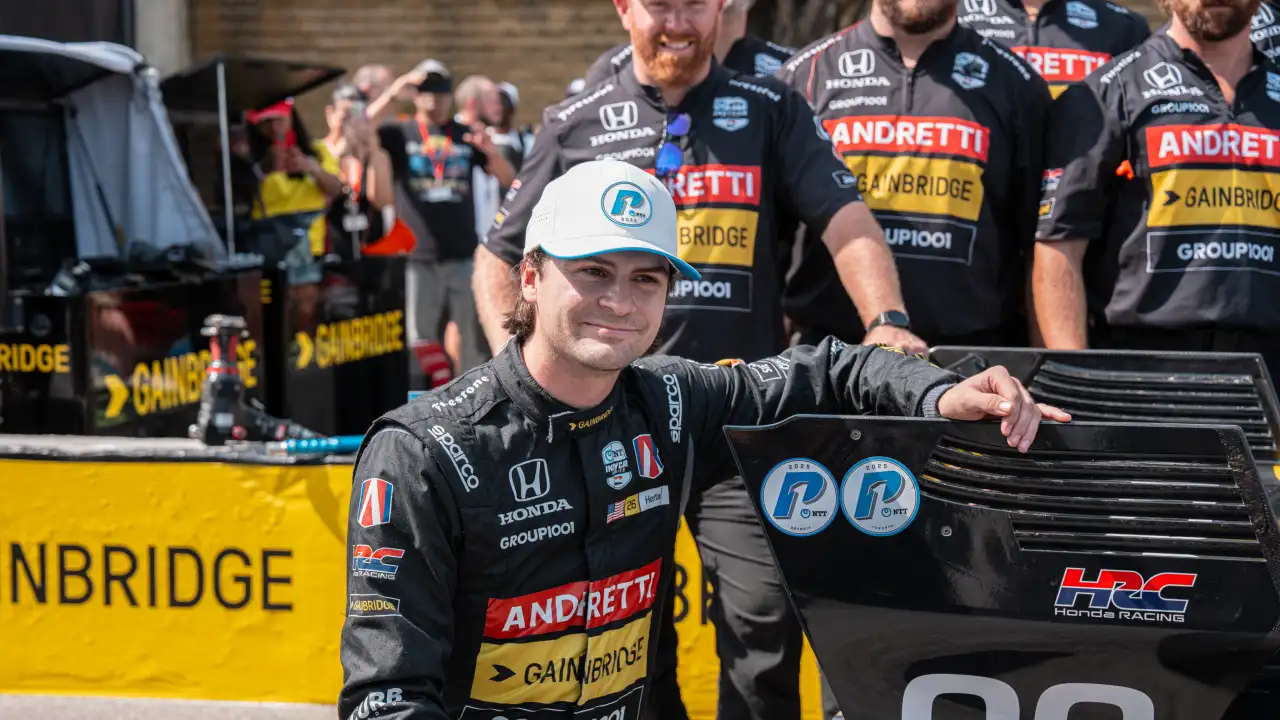 Colton Herta's P1 award at the 2025 Toronto IndyCar race