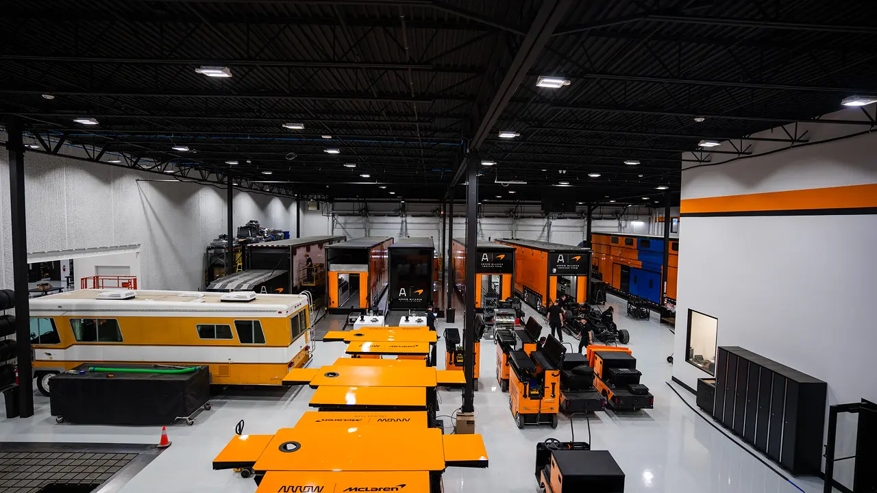 Haulers parked in McLaren's new garage