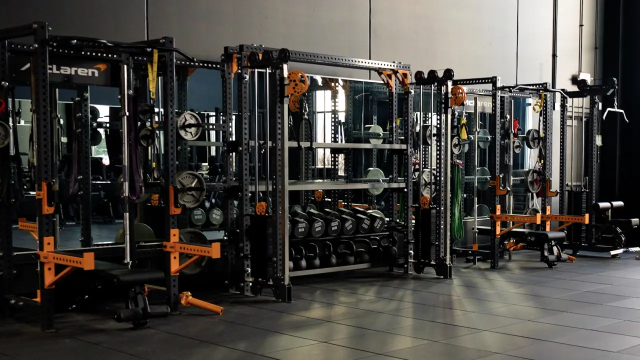 Weight racks in McLaren's new team gym