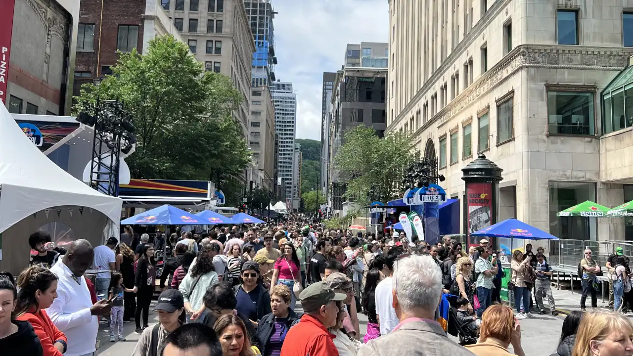 The crowd on Peel Street during the day