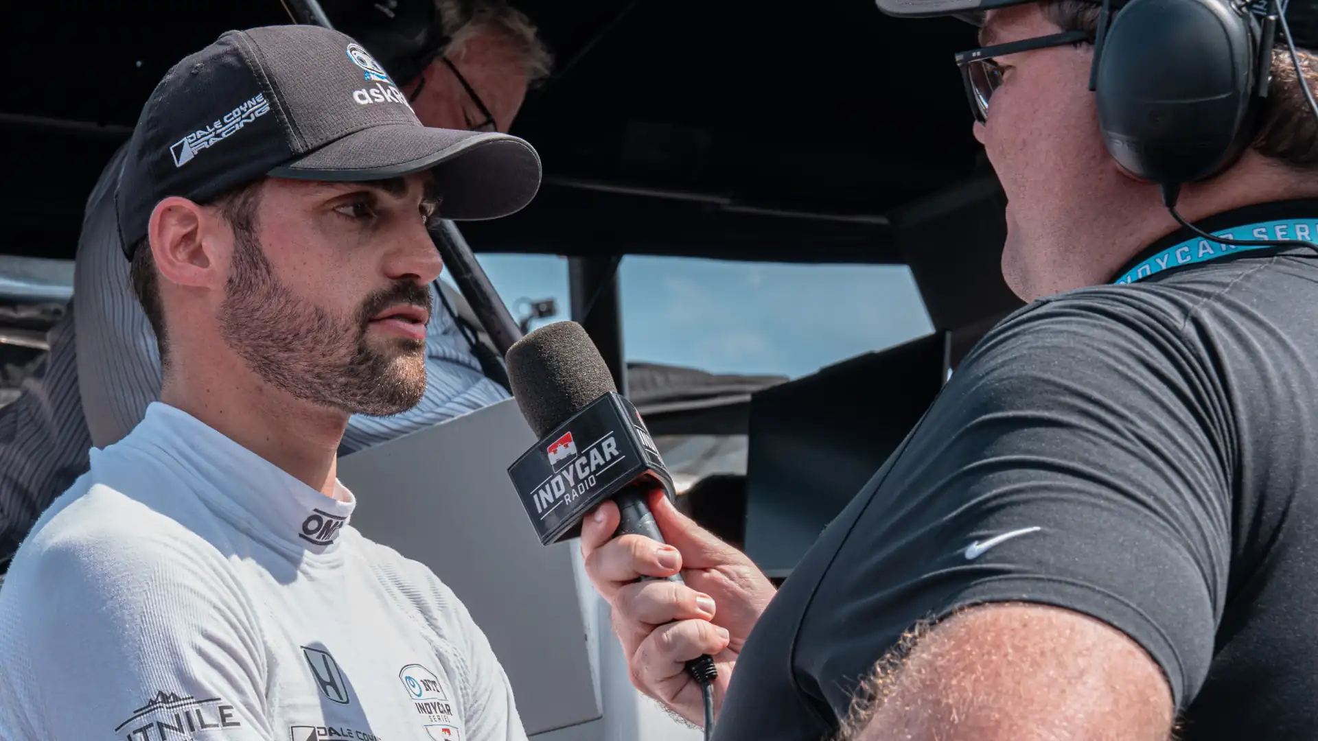 Rinus VeeKay doing a pit lane interview