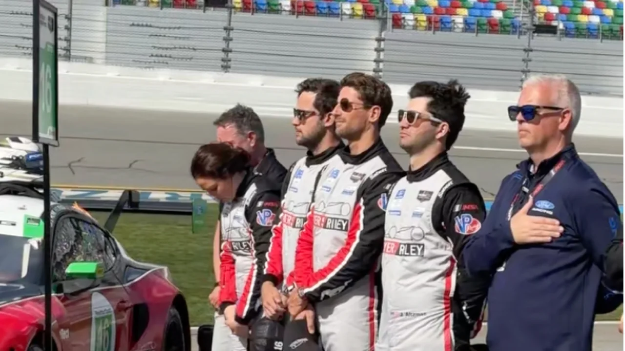 Sheena Monk, Felipe Fraga, Romain Grosjean and Jenson Altzman on the grid ahead of the Rolex 24 race start