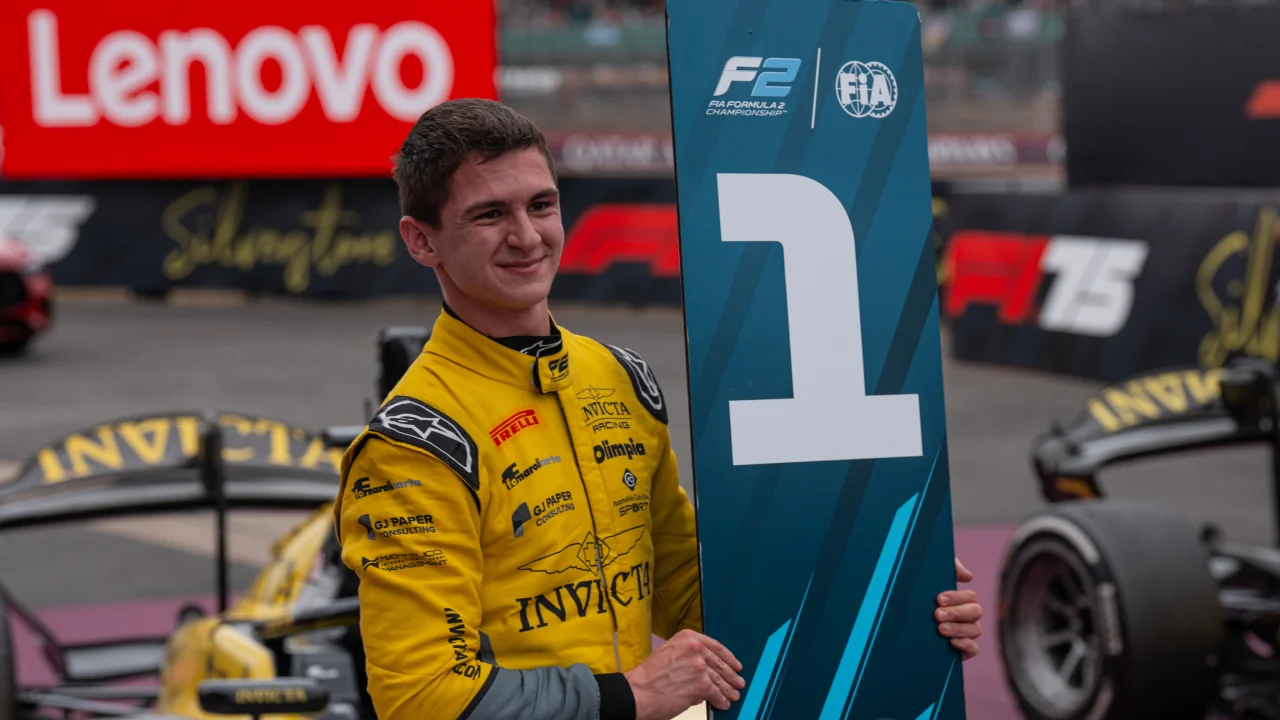 Leonardo Fornaroli winning the F2 Feature Race at the 2025 British Grand Prix