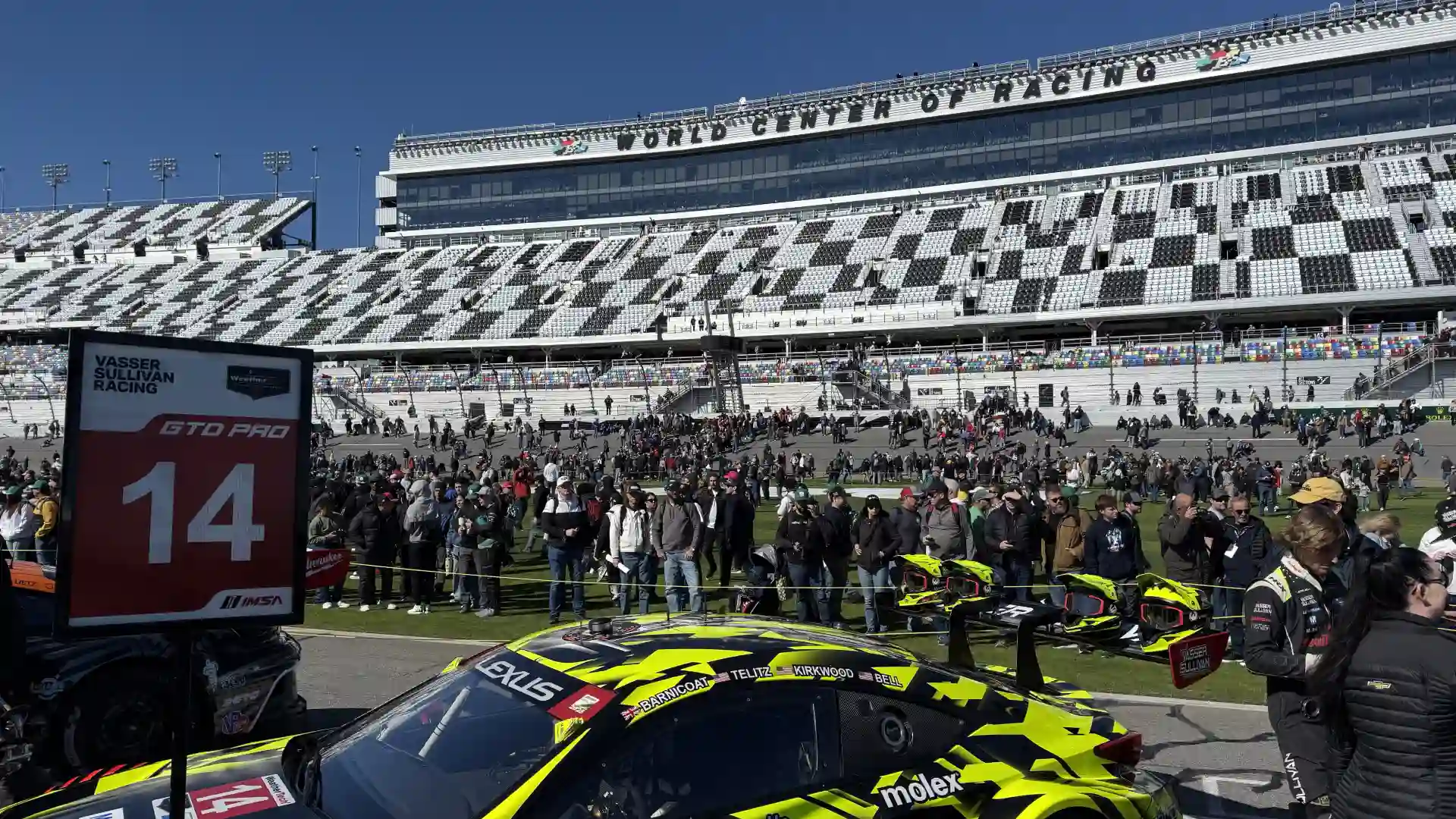 Rolex 24 fans in front of the Daytona International Speedway Main Grandstand
