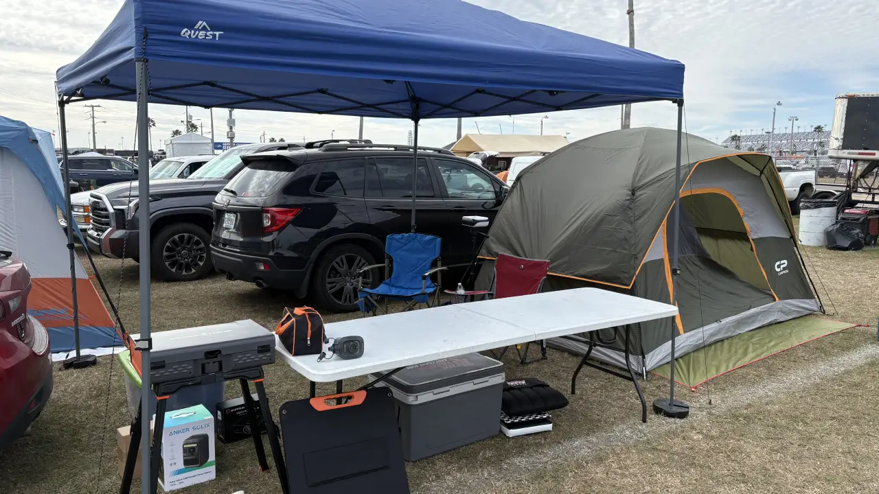 Josh and Chris’ Orange Tent Campground setup