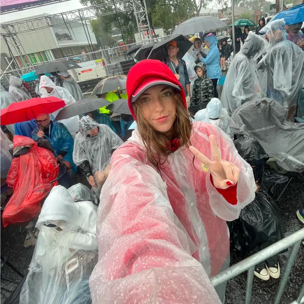 Bianca wearing her handy poncho