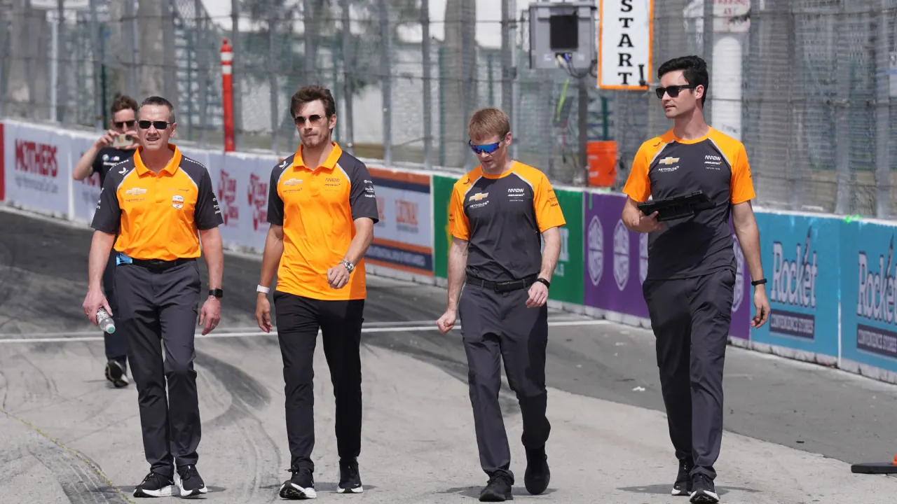 Christian Lundgaard with the Arrow McLaren team doing a track walk at the Long Beach Grand Prix in 2025
