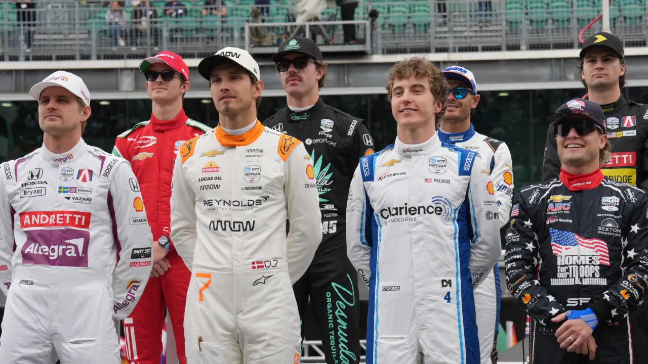 Christian Lundgaard at the Indianapolis 500 with the 2025 IndyCar grid where he drove for Arrow McLaren