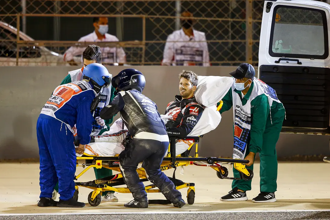 Romain Grosjean following his crash at the 2020 Bahrain GP