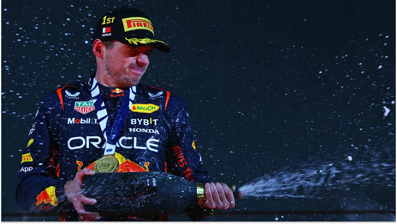 Max Verstappen spraying Al Waard at the 2023 Bahrain Grand Prix