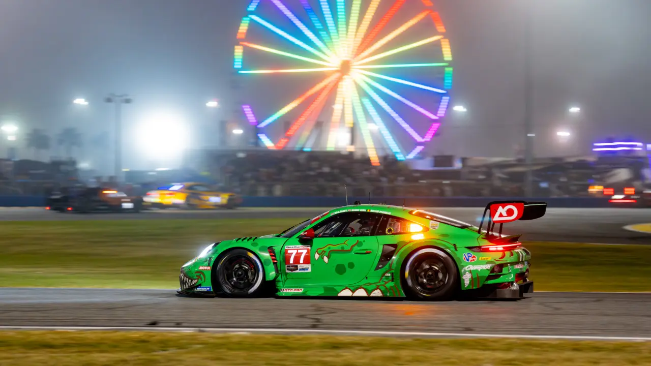 Nick Tandy racing with AO Racing at the 24 Hours of Daytona in the famous ‘Rexy’ livery
