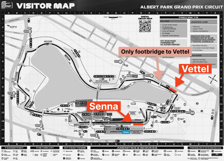 Senna and Vettel Grandstands highlighted on the map of Albert Park