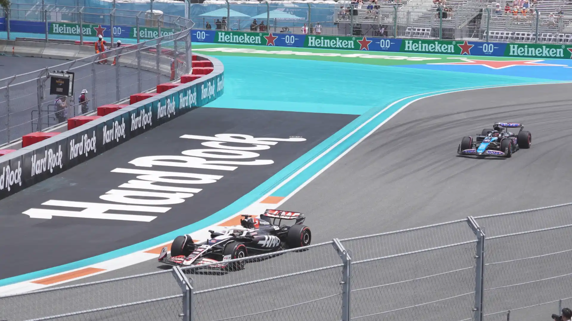 Haas and Alpine F1 cars at Miami Grand Prix