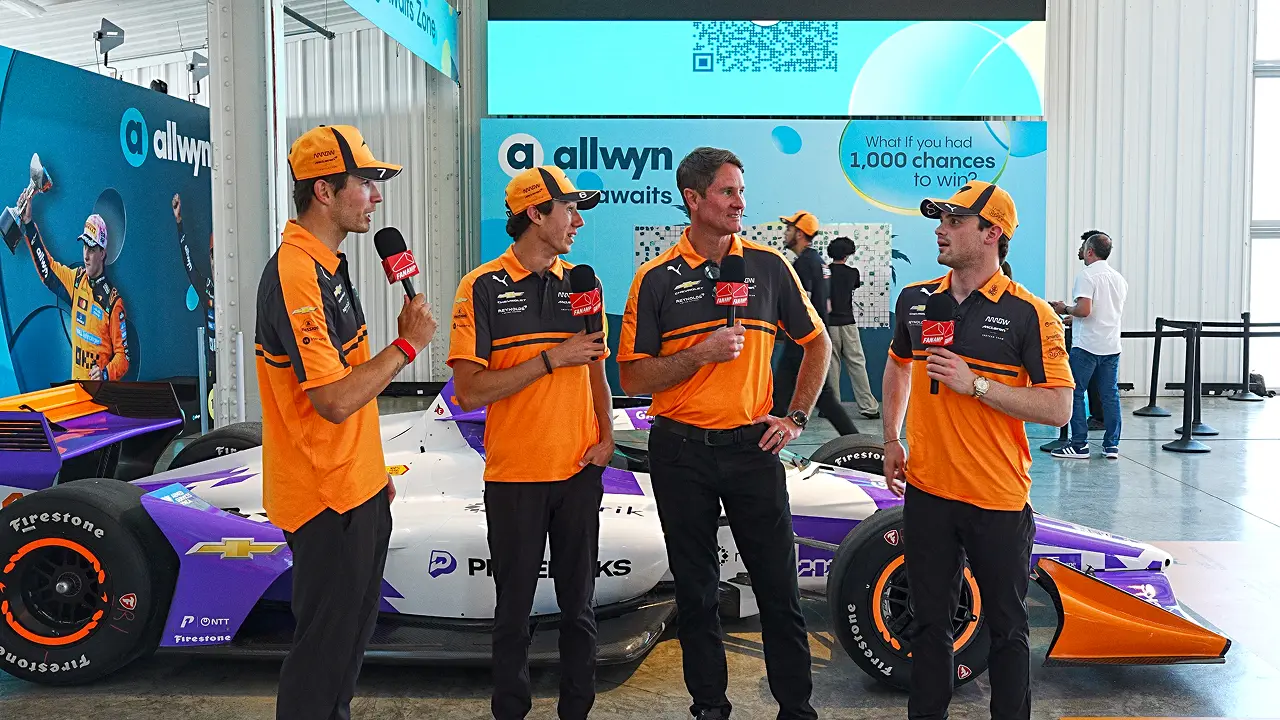 Arrow McLaren IndyCar drivers Christian Lundgaard, Nolan Siegel, Ryan Hunter-Reay, and Pato O'Ward at McLaren Racing Live