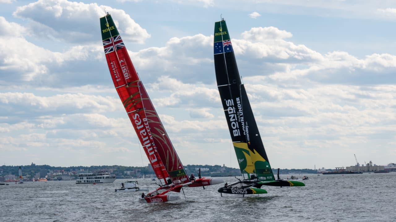 The British and Australian SailGP F50's racing in New York